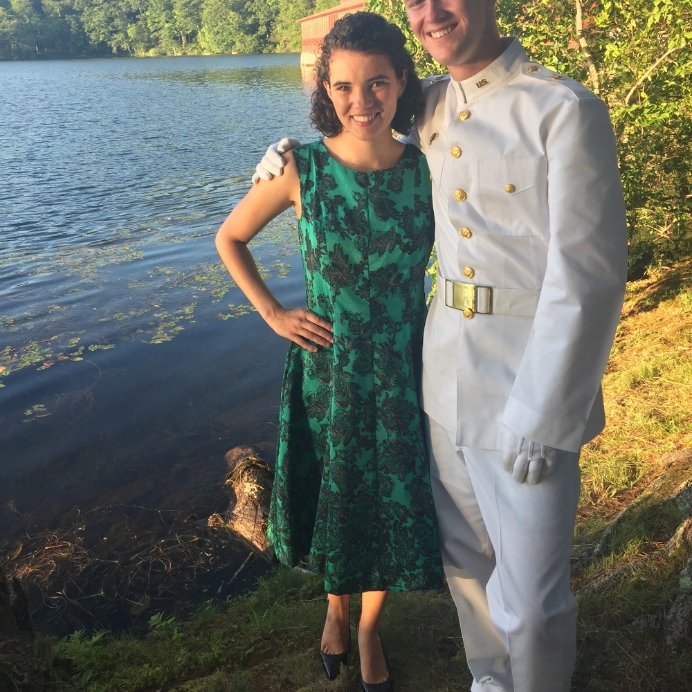 Green, flowered, vintage formal dress